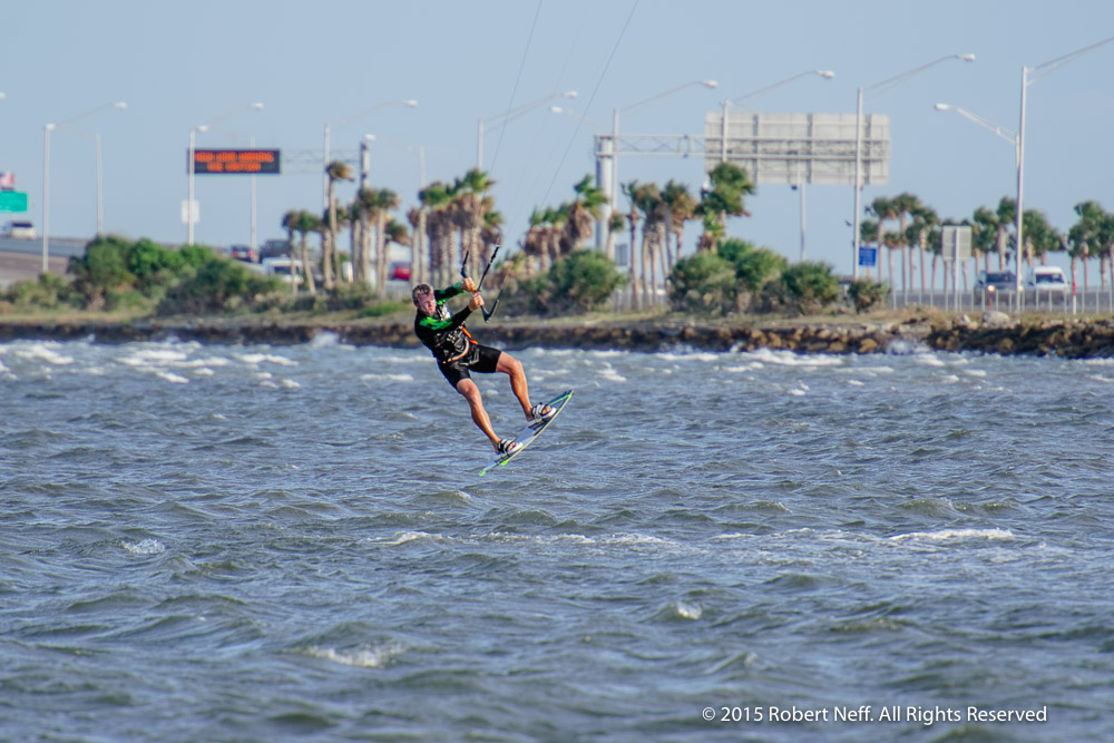 Kiteboarding at Sunshine Skyway Bridge During High Winds and White Caps on Tampa Bay on May 4, 2015
